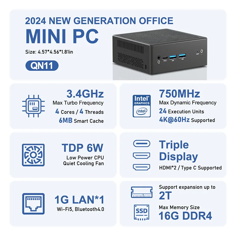 TexHoo Mini PC Intel N100 Windows 11 Pro Supports up to 16GB DDR4