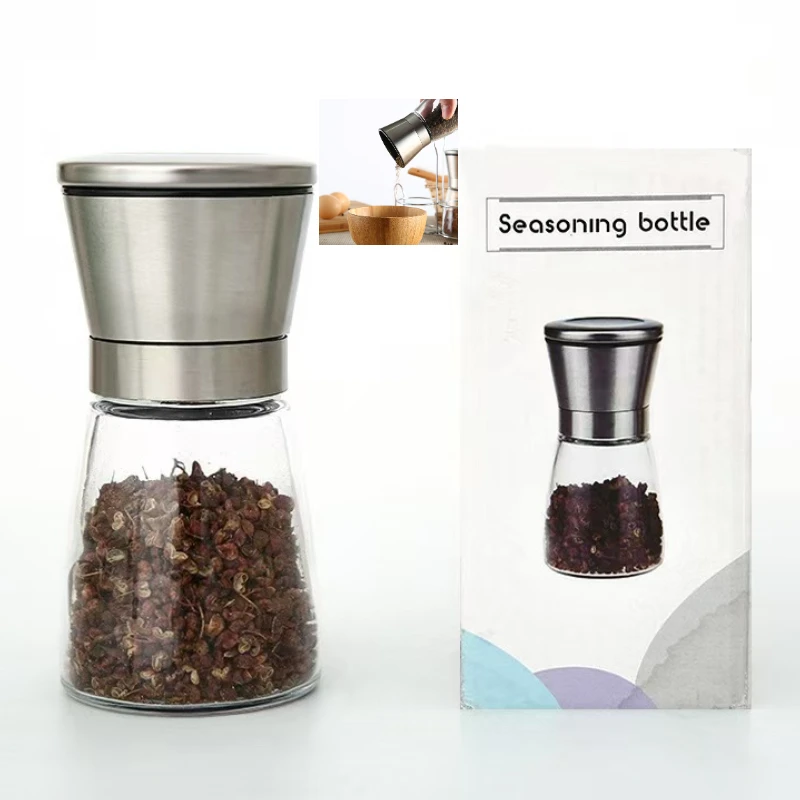 Kitchen supplies, manual grinder, pepper, Sichuan peppercorns, coarse salt, cumin, sesame seeds, and other sprinkling bottles