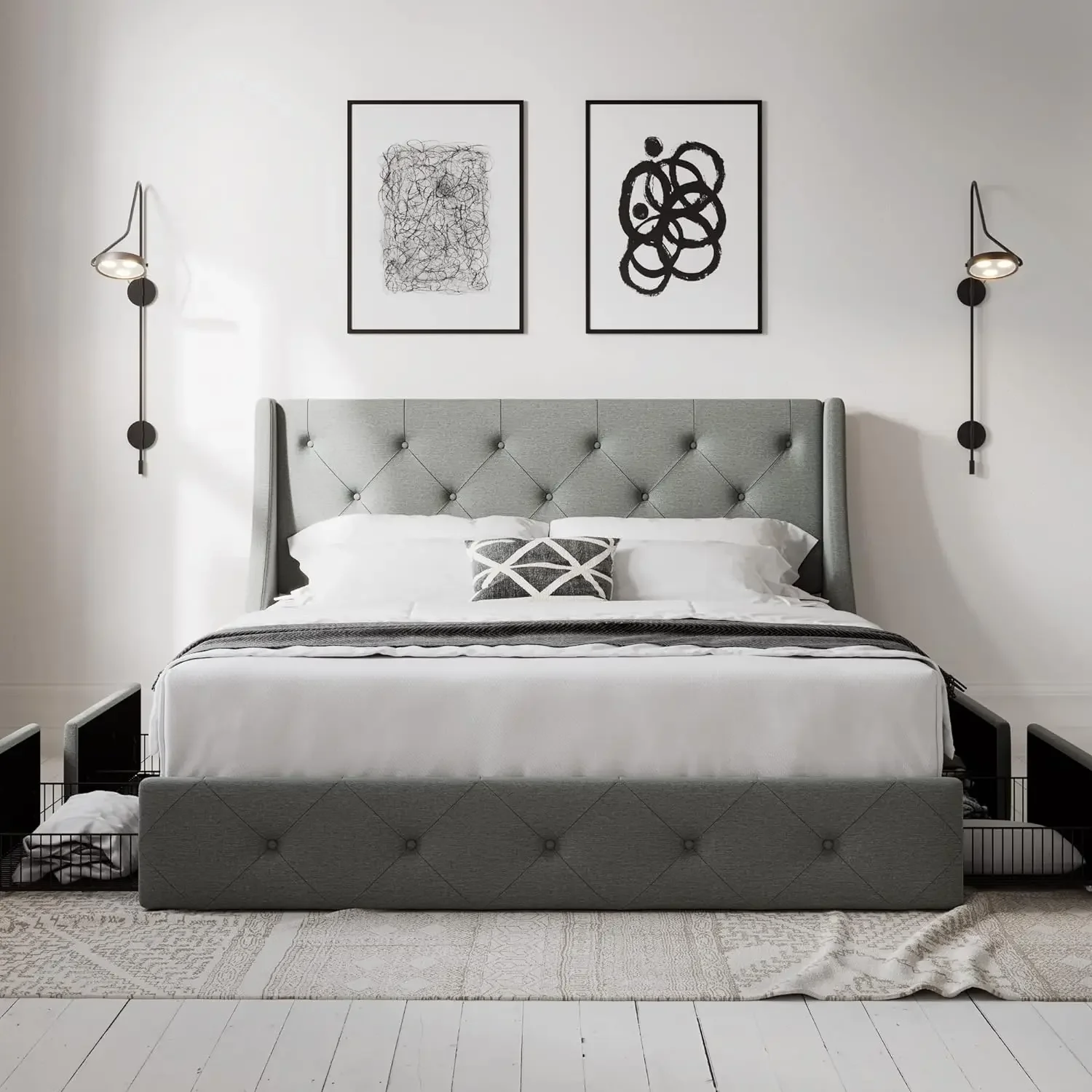 

King Size Bed Frame with 4 Storage Drawers and Wingback Headboard, Button Tufted Design, No Box Spring Needed Light Grey