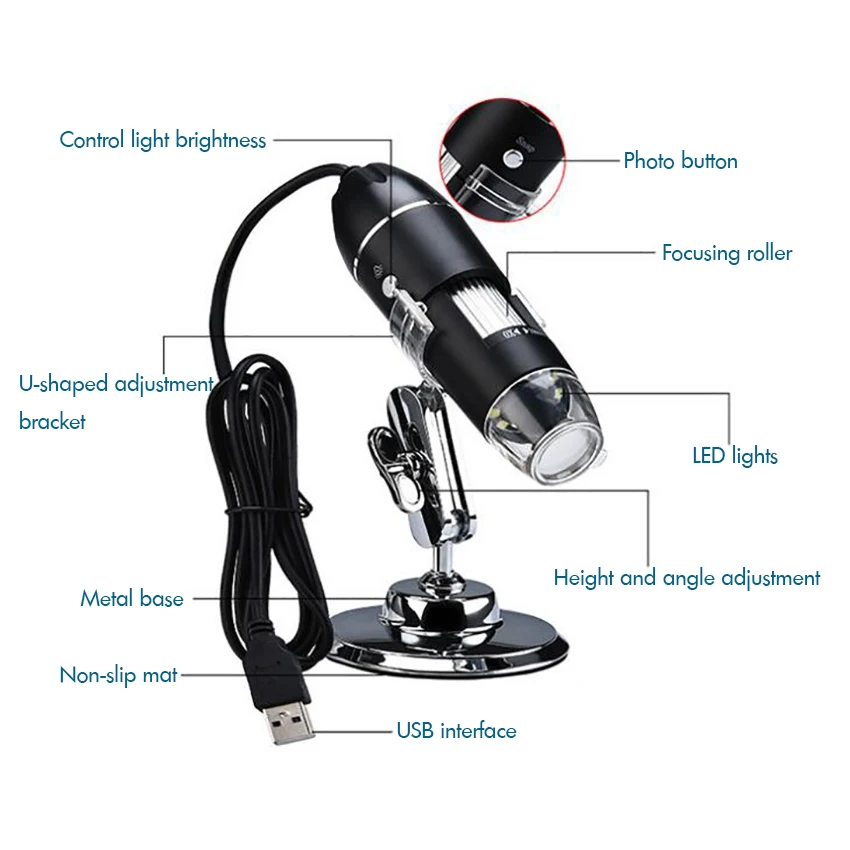 확대현미경, 500X 1000X 1600X LED USB 2.0 디지털 현미경, 금속 스탠드가 있는 미니 카메라, 윈도우 7 8 10 XP 지원