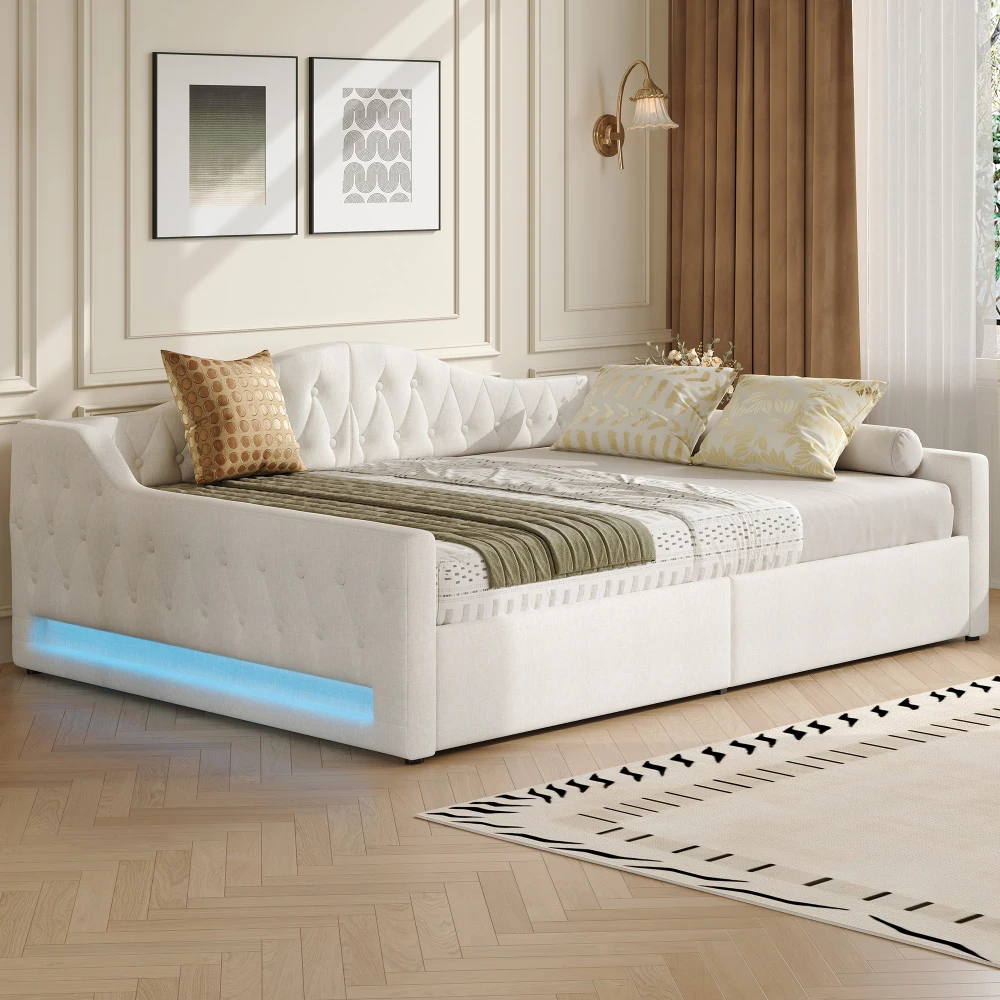 Bettgestelle und -gestelle, graues gepolstertes Tagesbett mit LED-Streifen, Stauraum unter dem Bett (ohne Matratze), Einzelbett in Doppelbettgröße – Detail 14