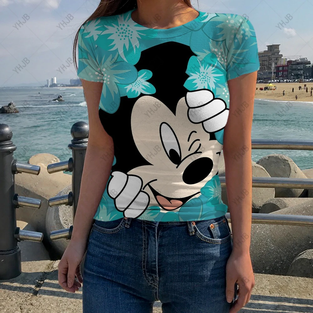 

Disney Minnie Mickey Mouse Print T-shirt Female Tshirt Summer Casual Short Sleeves Tee Tops Kawaii Women Tshirt Streetwear