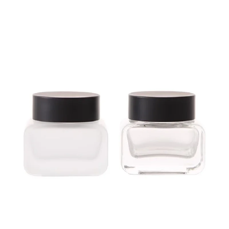 

50G Square Facial Mask Pots Clear Frost Cosmetic Jars Plastic Matte Black Lid Refill Bottle Empty Glass Cream Containers 8pcs