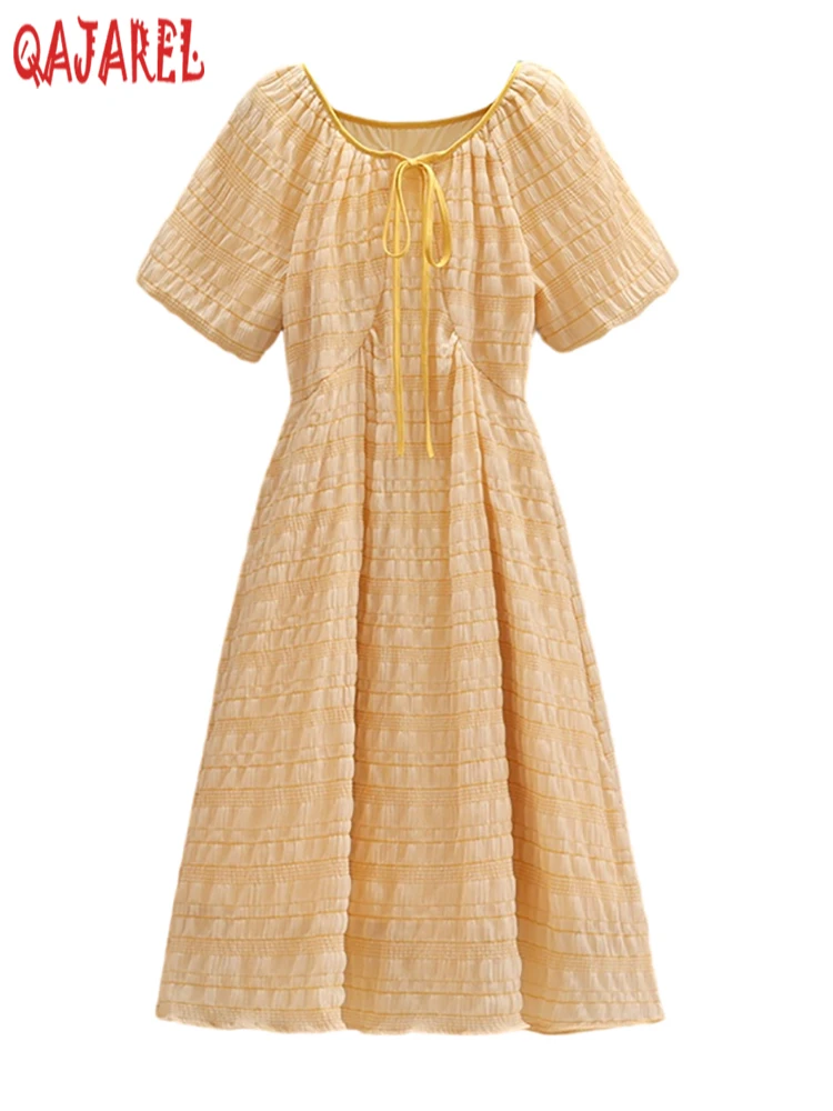

Summer Pleated Plaid Puff Sleeve Bow Collar Midi Dress Women Elegant Casual Robe 2024 Korean Fashion Suitable Dresses on Request