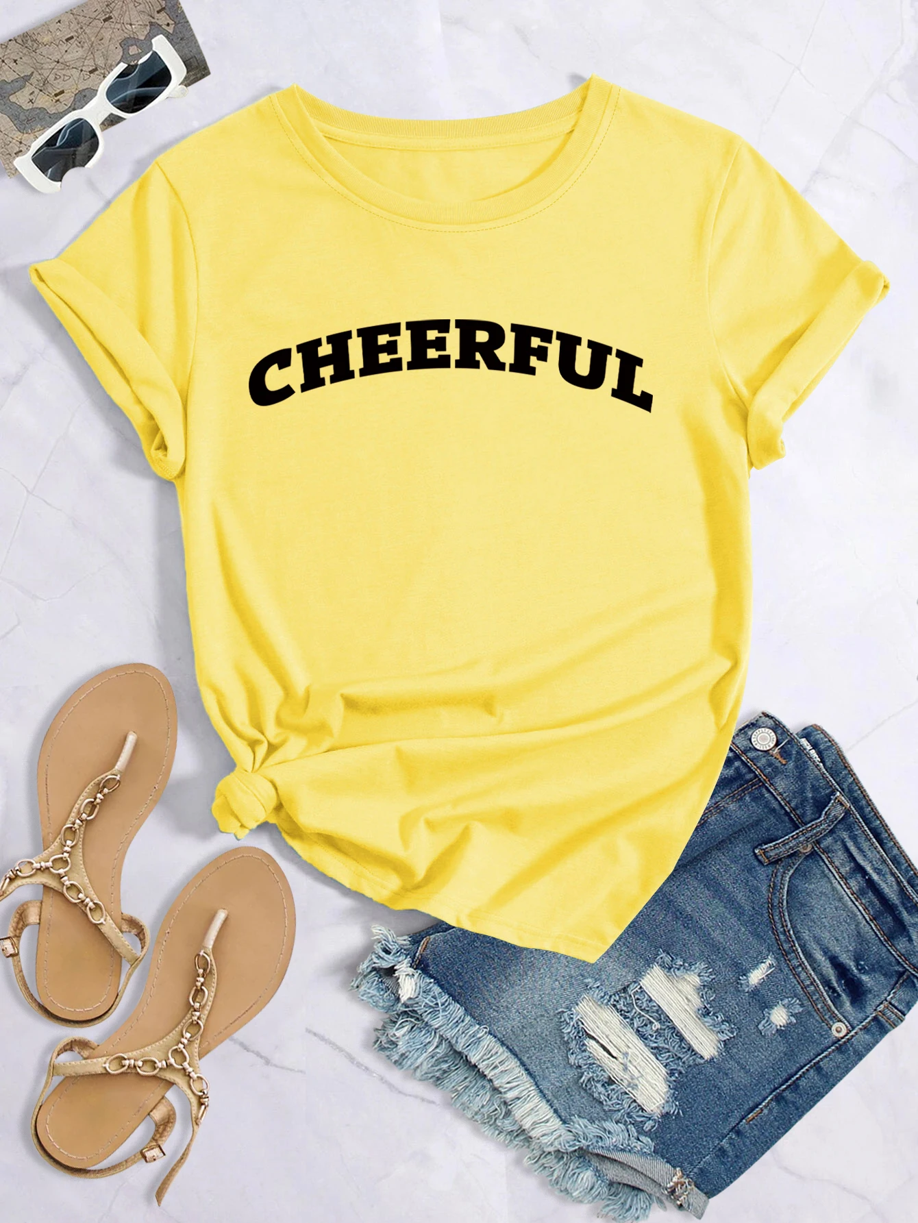 Camiseta de talla grande 'Cheerful', camiseta estampada con cuello redondo, camisetas casuales holgadas de manga corta de verano de moda para mujer, camisetas para mujer_voghion.com