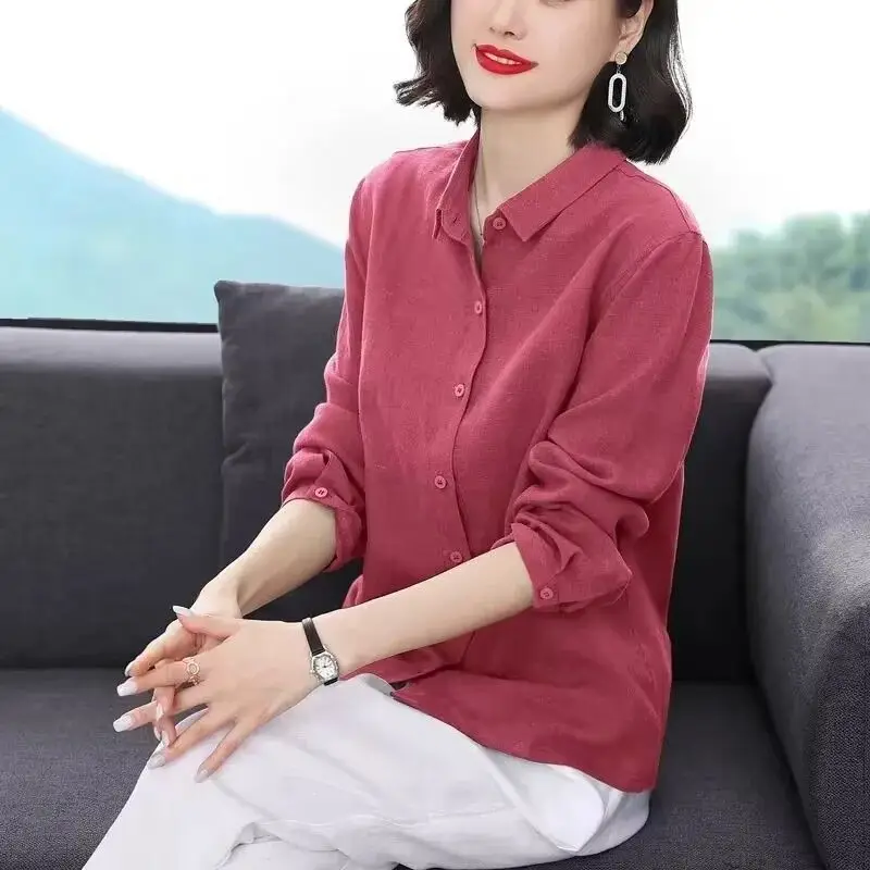 Spring Autumn New Solid Color Polo-Neck Single-breasted Spliced Long Sleeve Fashion Simplicity Loose Casual Women's Shirt Top