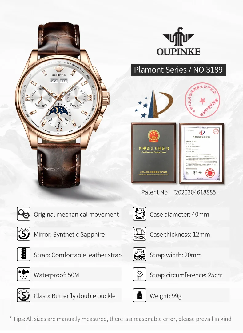 OUIPNKE 3189 Men's Watch Moon phase Calendar Multifunctional Wristwatch Leather strap Sapphire mirror Watch for Man Top Brand