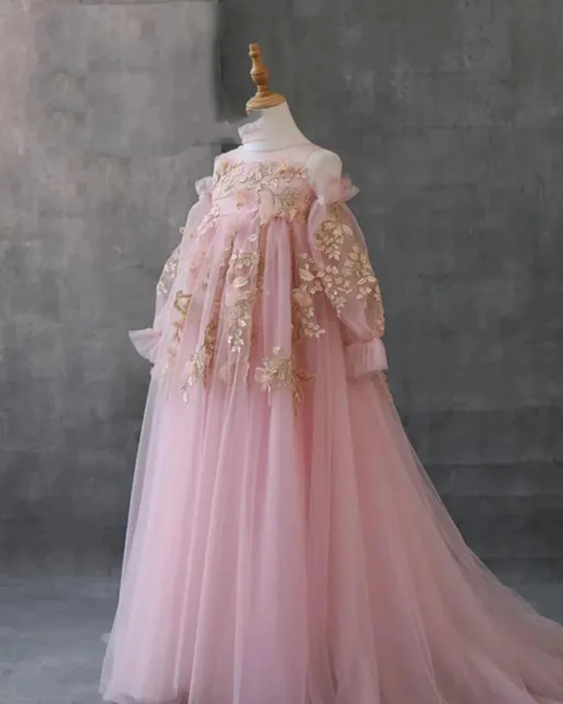 Photoshoot Tulle Maternity Dress with Mint Green Appliques 3D Flowers Off Shoulder Pregnancy Dresses for Baby Shower