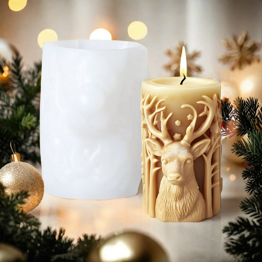 Christmas Elk Cylindrical Scented Candle Silicone Mold DIY Christmas Tree Diffuser Ornament Mold Candle Molds for Candle Making