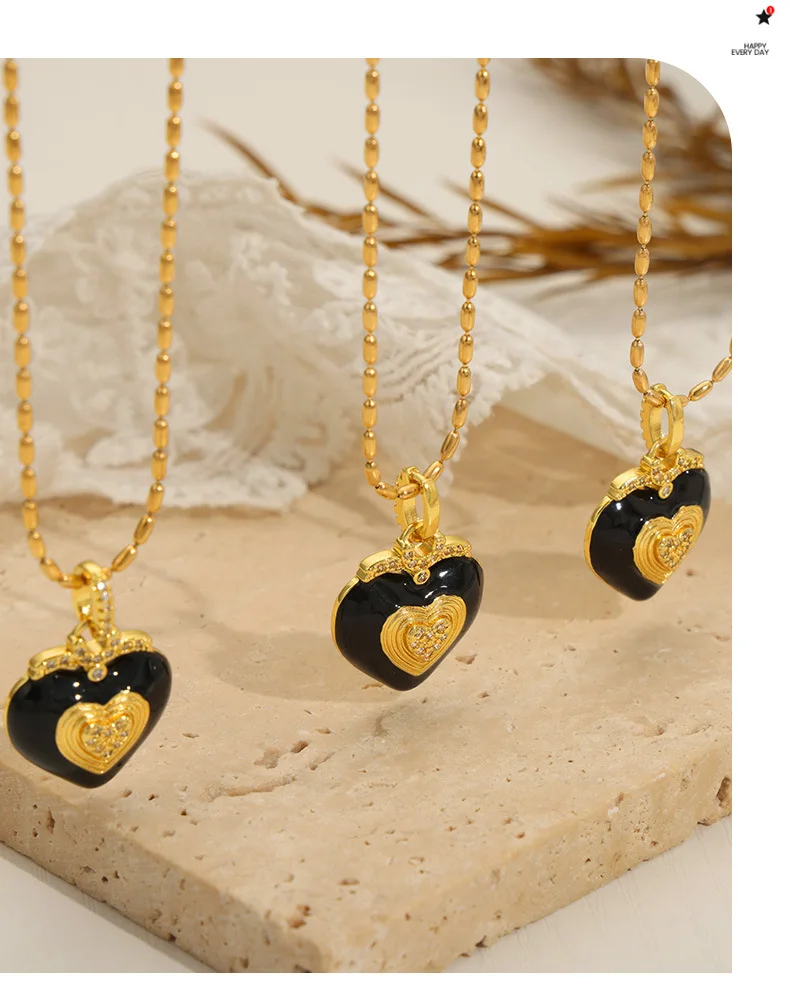 Schwarze Herz-Anhänger-Halskette für Damen, Edelstahl, runde Perlenkette, luxuriöse Kristall-Halskette, Hochzeitsschmuck, Accessoires – Detail 9