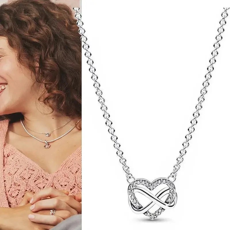 New Classic 100% 925 Silver Women's Sparkling Heart Logo Collar Necklace DIY Charming Jewelry Gifts Fashion Light Luxury