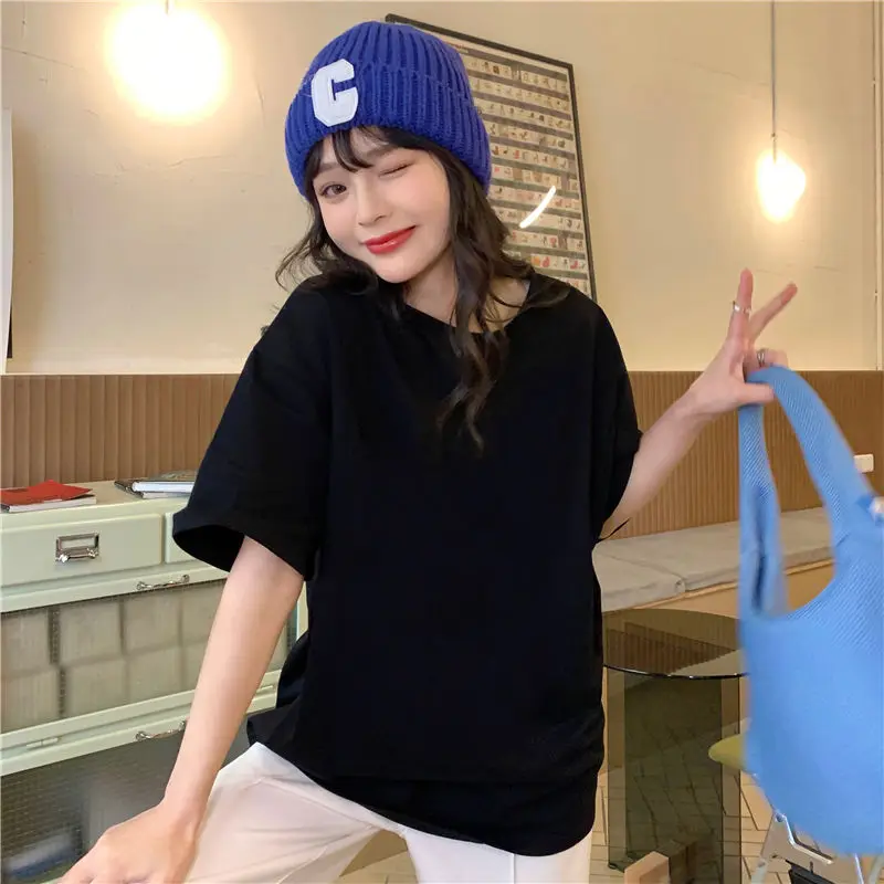 

2024 Summer New Solid Color Korean Round Neck Black Short Sleeved T-shirt Women Loose Casual Versatile Cotton Top Clothing Ins