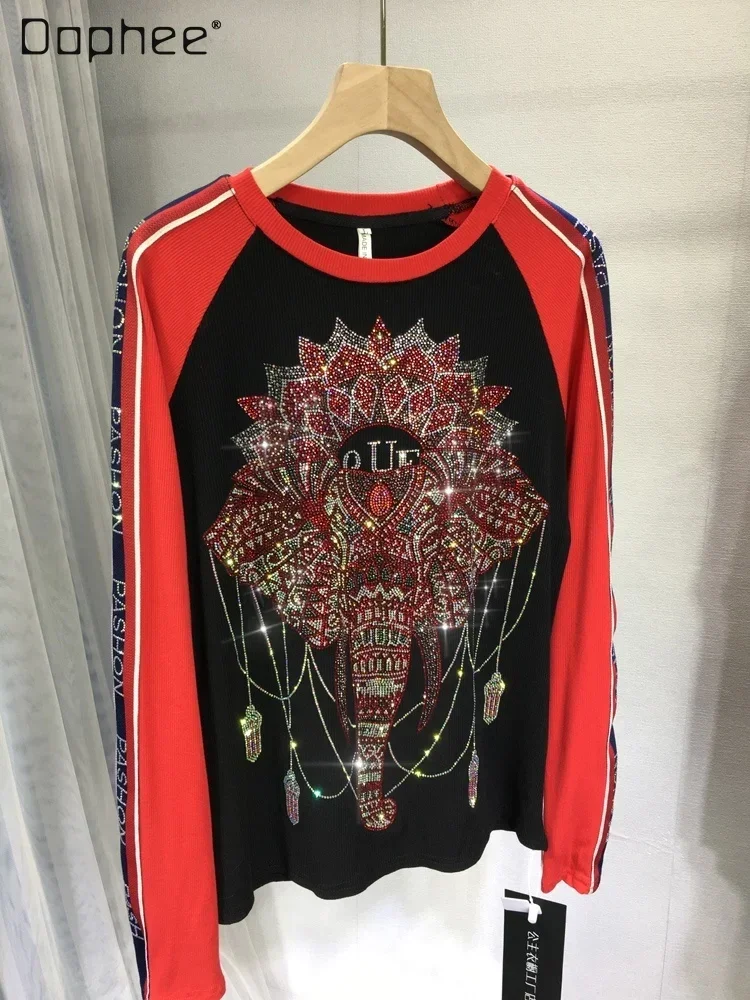 

Hot Drilling Cartoon Round Neck Bottoming T Shirt Women 2023 Autumn Winter Stitching Long Sleeve Red Elephant Rhinestone Top