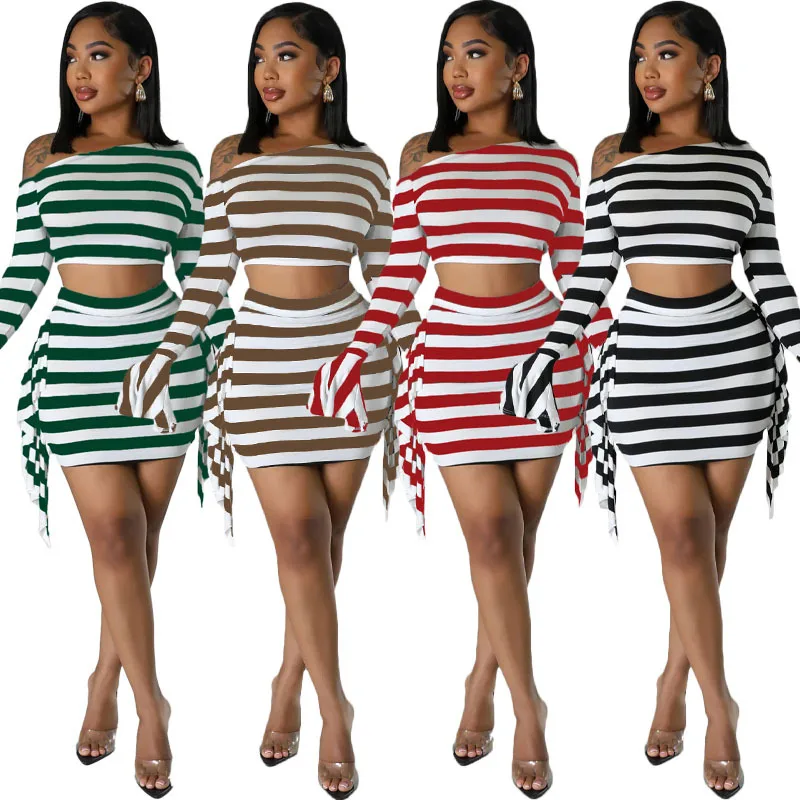 

Женский комплект из 2 предметов в полоску, короткий топ с открытыми плечами и длинными расклешенными рукавами, облегающая мини-юбка с оборками, сексуальная клубная одежда на осень и зиму