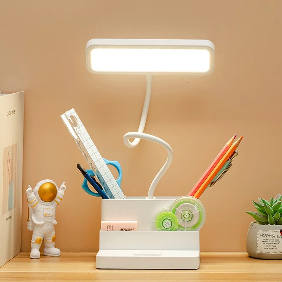 Lampada Da Tavolo LED Ricaricabile Con 2 Portapenne – Collo Di Cigno Flessibile, 3 Colori E Dimmer, Protezione Occhi - 3