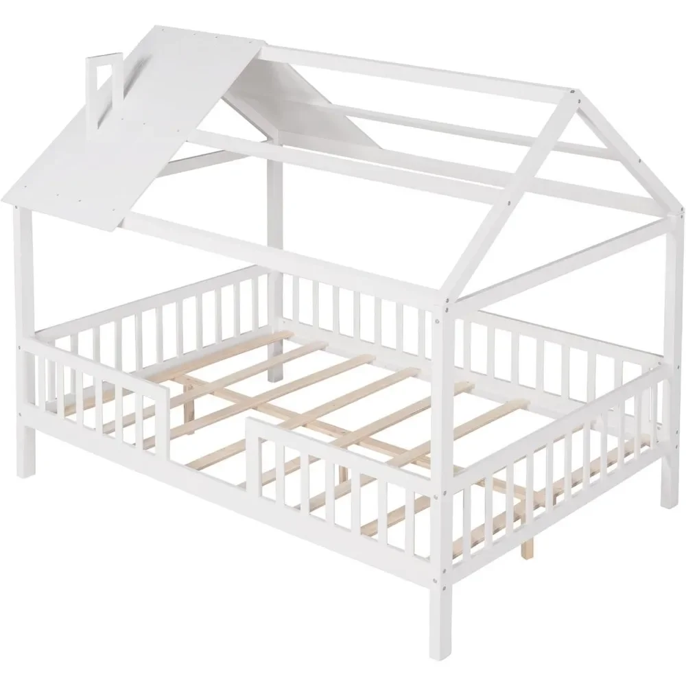 Full House Beds with Rails Wood Montessori Bed Frame Kids White Cabin Bed for Children Boys Girls Teens, Full Size 4
