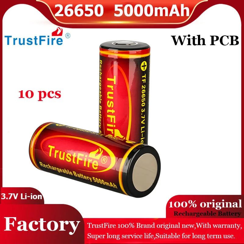 

100% TrustFire 26650 Lithium Battery 3.7V 5000Mah High Capacity Rechargeable Li Ion Battery Cell 500 Times With Protect Circuit
