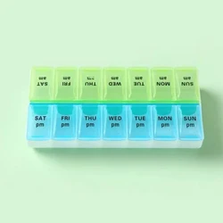 Enhanced Medication Organizer with 14 Compartments for Timely Morning and Afternoon Doses, Featuring Precise Preparation (Blue Green)