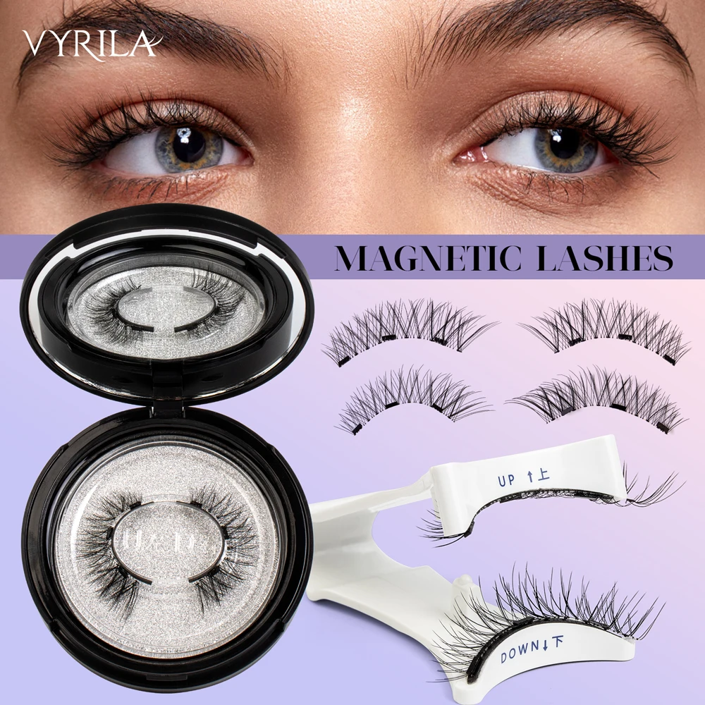 Fake Eyelashes VYRILA 2Pairs Reusable Magnetic Lashes Magnets Tweezer No Glue Needed D Magnetic Eyelash 3-Step Press On False Eyelash