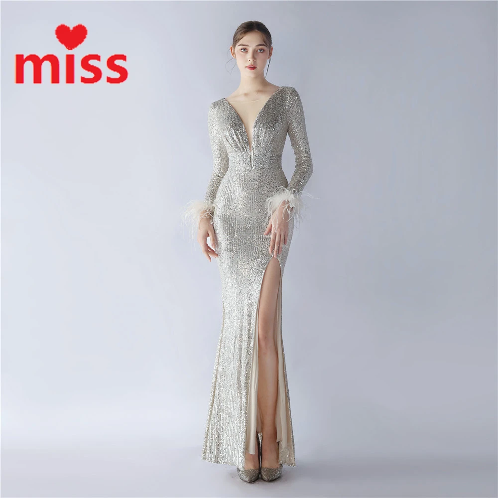 

Party Dress Winter New Handmade Ostrich Hair High End Long Sleeve Beaded Evening Dress Wedding Host Gala Maxi Dresses for Women