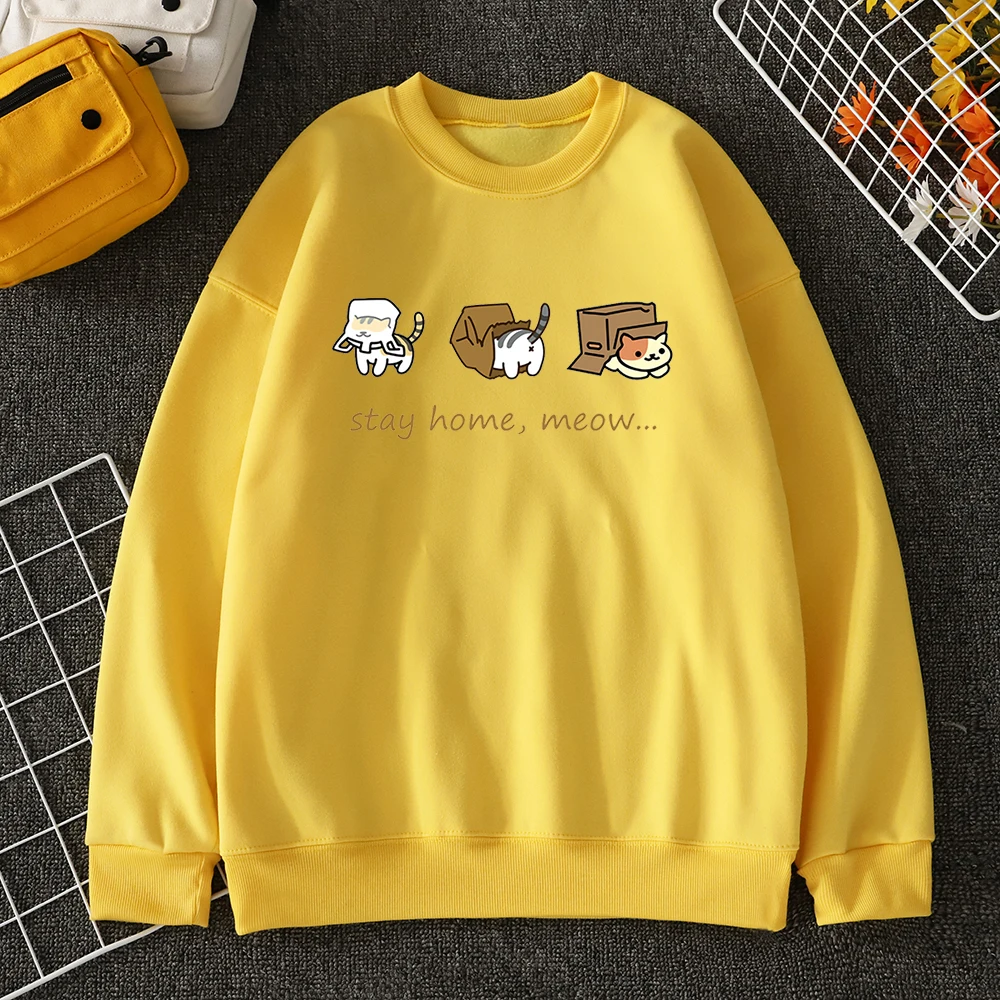 yellow color funny cat sweatshirts with stay home meow cartoon