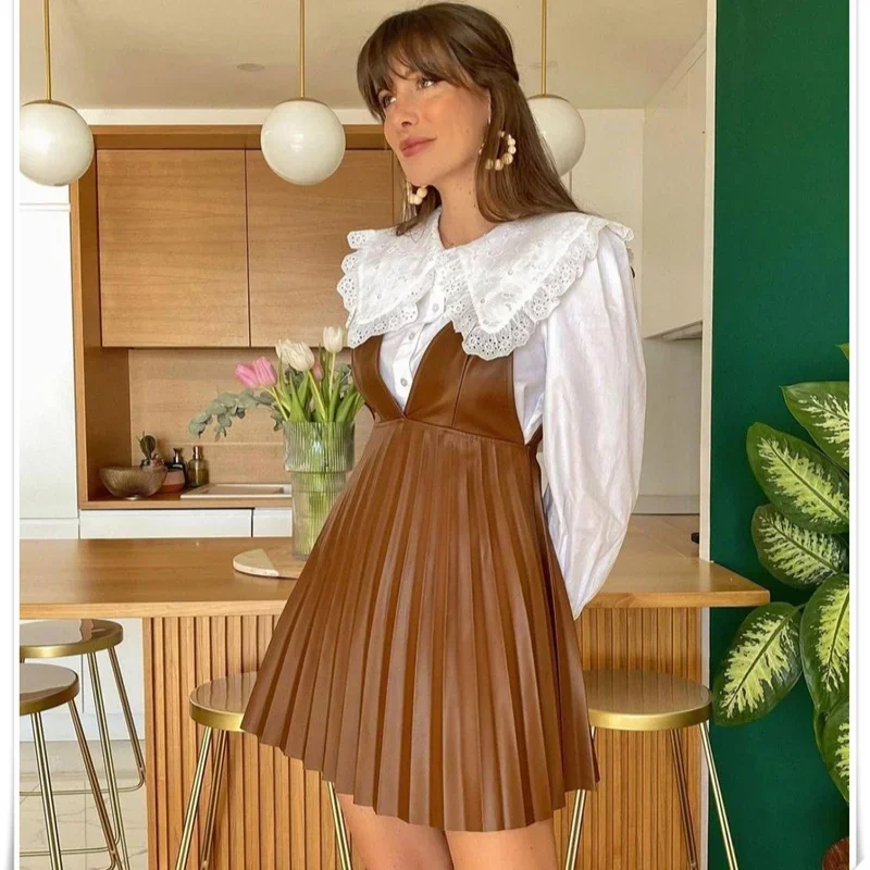 Sexy Pu Faux Leather Overalls Spring Sexy Woman Pleated Suspension Skirt 2022 Ladies Retro Faux Leather Dress Y2k Skirts Womens 2023 spring autumn new oversized women s vintage denim dress elegant ladies slim   single breasted high quality a line dress