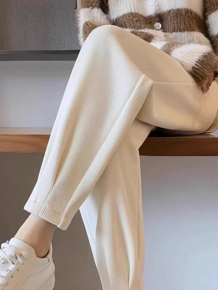 Women's Fce Lined Corduroy Sports Pants Loose Cuffed Casual Harlan Carrot Pants Thiened Autumn Winter Small Size