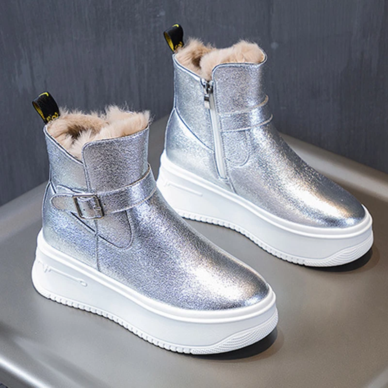 7.5CM Thick Sole Women New Zipper Thicked Plush Snow Boots Fashion Winter Autumn Ladies Hidden Heels Plush Warm Females Shoes