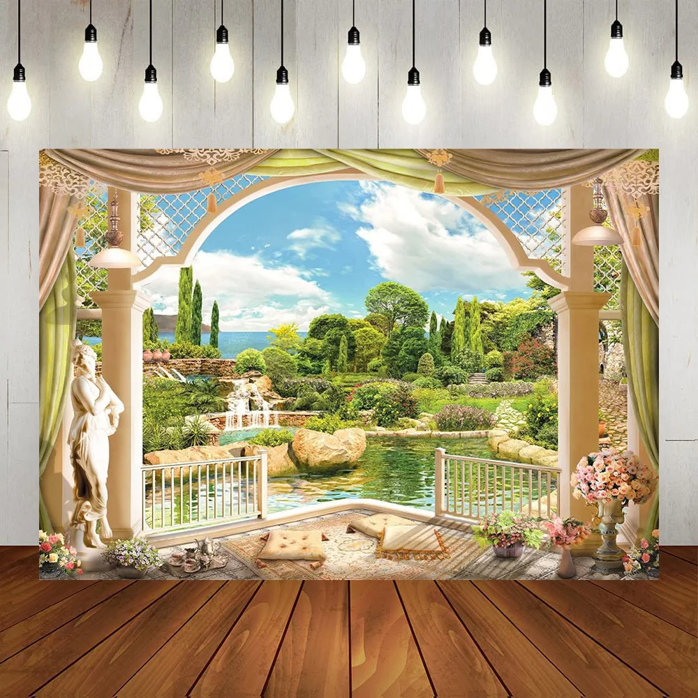 판타지 궁전 정원 테라스 발코니 아치 풍경 꽃, 녹색 나무, 호수, 파란색 배경, 생일 사진 촬영 소품 Best5 판타지 궁전 정원 테라스 발코니 아치 풍경 꽃, 녹색 나무, 호수, 파란색 배경, 생일 사진 촬영 소품 Best5