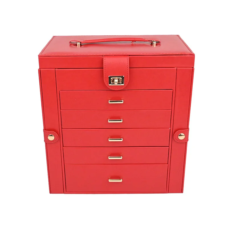 New Large Capacity 6 Layers Jewelry Box with Mirror Leather Earrings Rings Necklaces Jewelry Storage Box Organzers 5 Drawer Gift