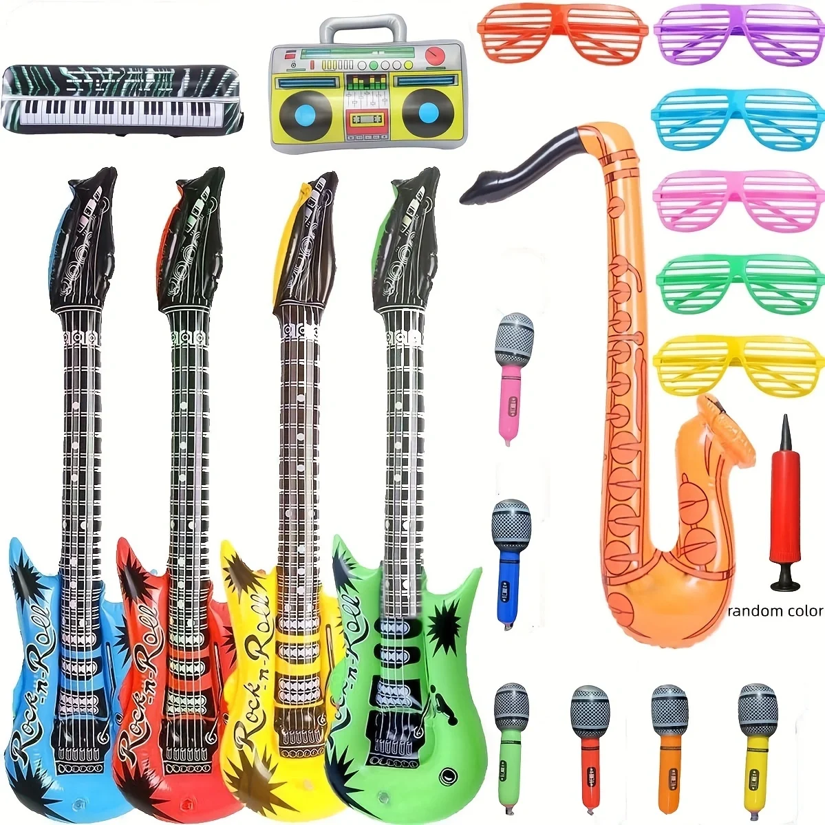 20 Pack includes 6 inflatable microphones, 4 guitars, 1 saxophone, 1 keyboard, radio, 6 glasses and pump ( random color)