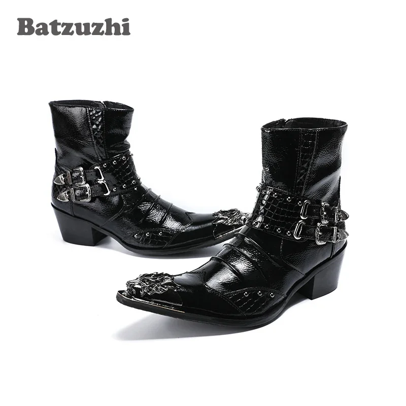 

Batzuzhzi Men Boots Metal Pointed Toe 6.5cm High Heels Leather Botas Hombre with Buckles Punk Rock Motocycle Short Boots