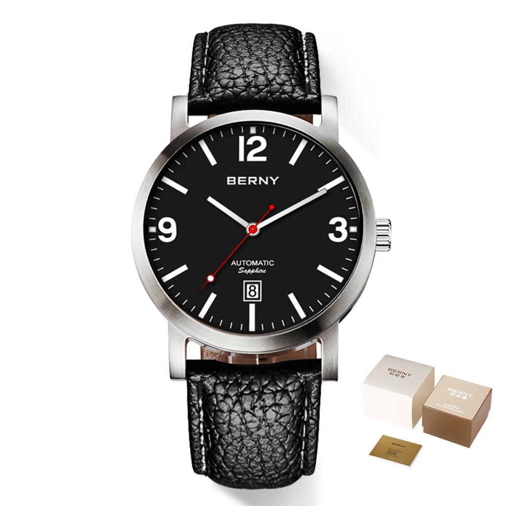 Berny-メンズ機械式腕時計,防水,革製,スイス鉄道,自動巻き,5atm