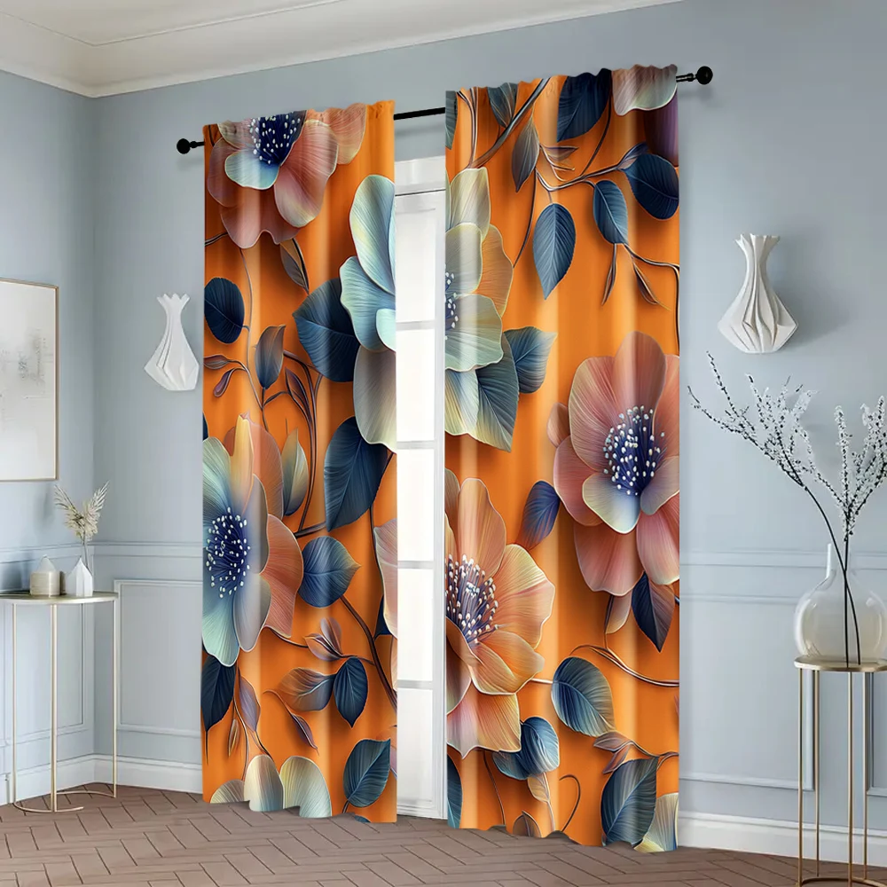 2pcs, Curtain Popular 2D print Golden lotus Fabric (without rod) Thermal Insulation, and Room Darkening Functions Ldeal for 6
