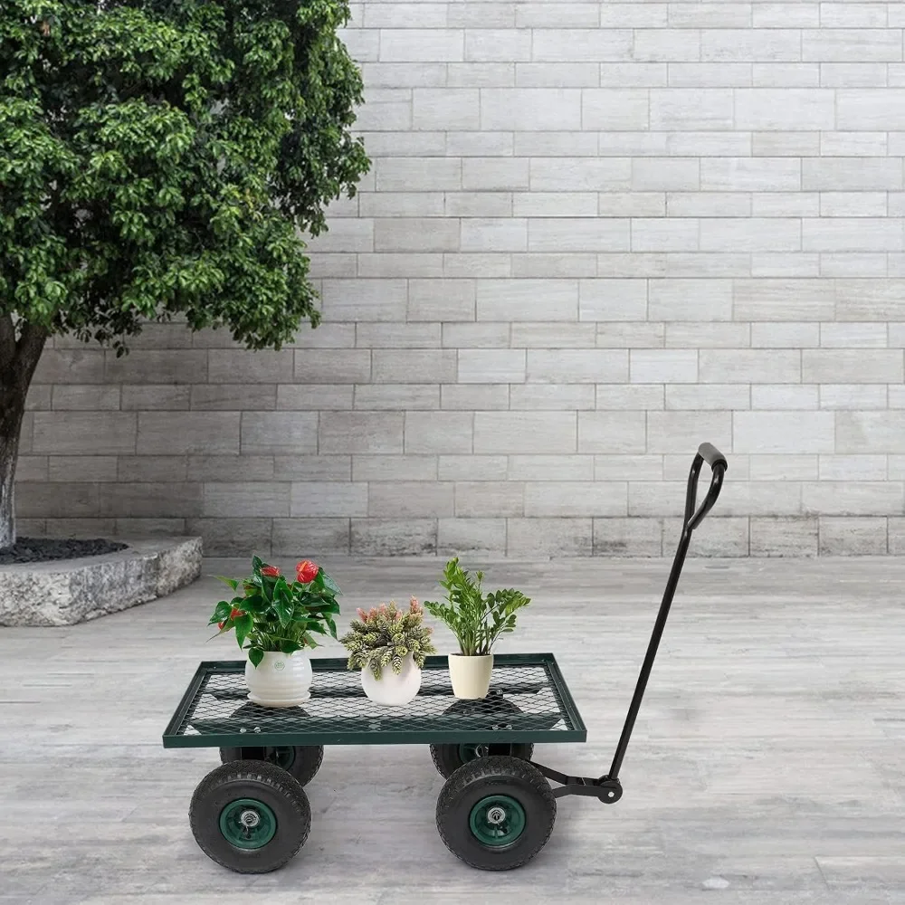 Steel Garden Cart Utility Heavy Duty Wagon, 10-inch Pneumatic Turf Tires Green