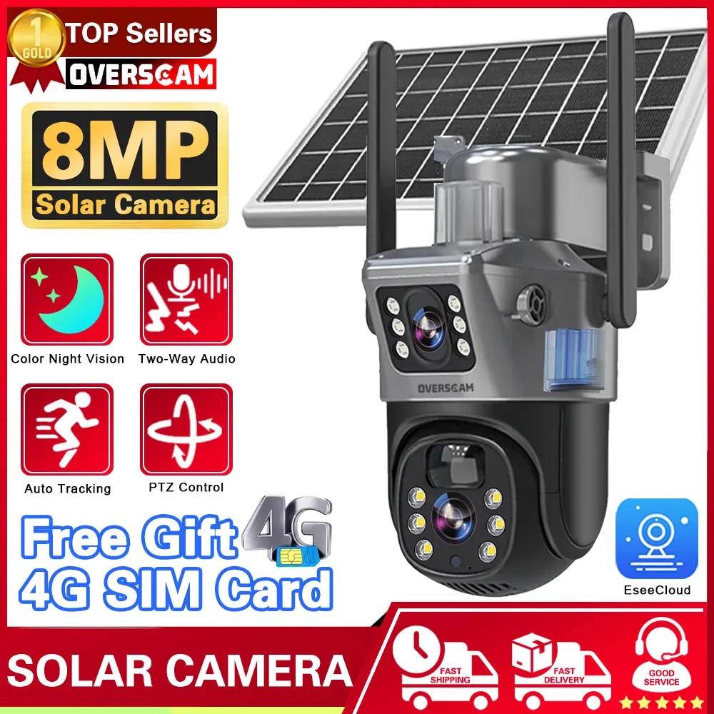 

Solar Camera Free 4G Sim Card 4K 8MP Dual Lens Outdoor AI Auto Tracking Solar Panel PIR Human Detection Two Way Audio CCTV Cam
