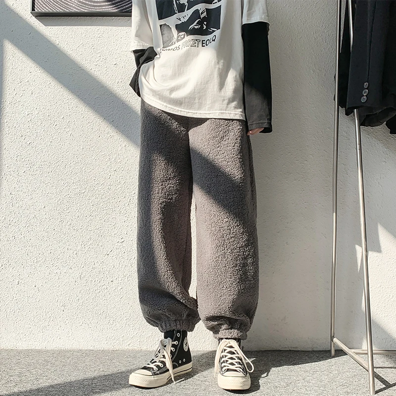 Tanie Spodnie dresowe męskie zimowe ciepłe polary koreański styl kostki sznurkiem termiczna prosta sklep