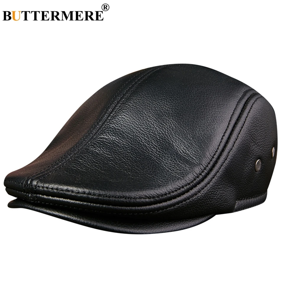 Beret hat BUTTERMERE flat caps men real leather duckbill hats berets earflaps casual directors cap male vintage winter driving caps for casual hat woolen beret