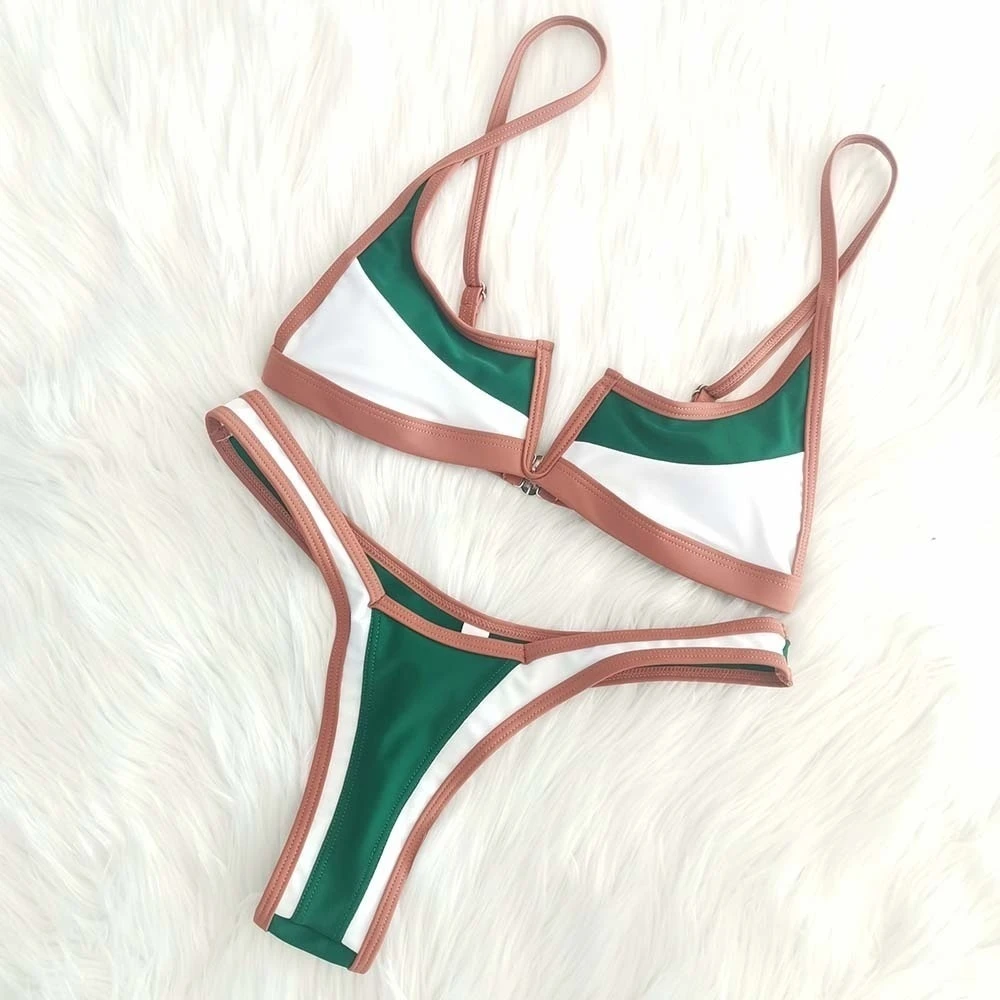 Bikini Retro con Tanga para mujer, ropa de baño Sexy brasileña, Vintage de retazos, Micro barra V, traje de baño verde, Bikini XS| | -