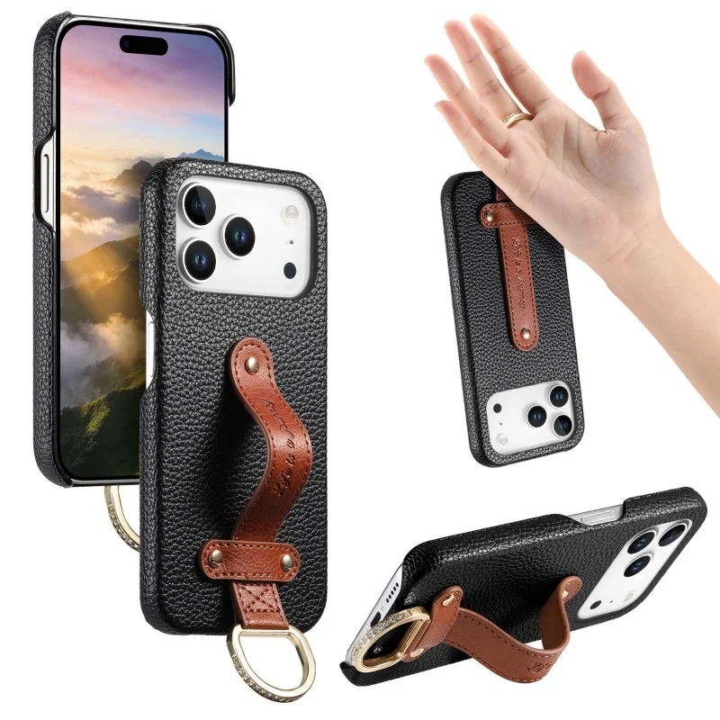 Lychee Pattern Leather Wrist Strap Phone Case with Ring Holder