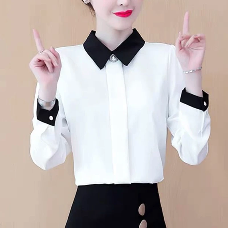 Office Lady Contrast Shirt Tops Spring New Long Sleeve Slim Solid All-match Elegant Blouse Fashion Temperament Women Clothing