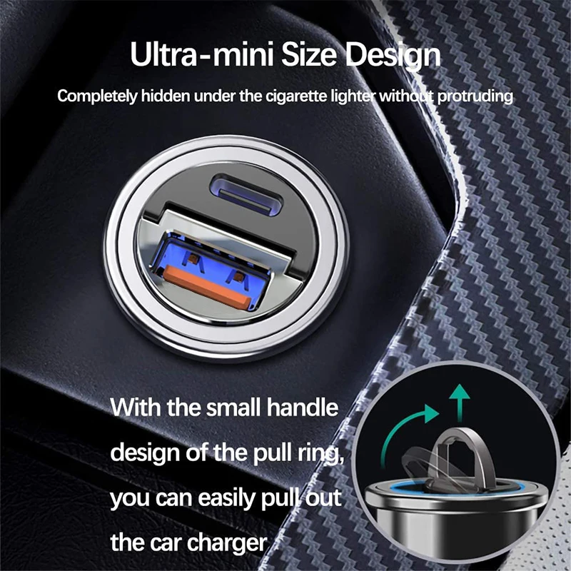 130W 보이지 않는 USB 차량용 충전기 어댑터 유형 C PD 미니 크기 iPhone iPad 용 초고속 충전 Sumsung Huawei Oneplus OPPO Vivo