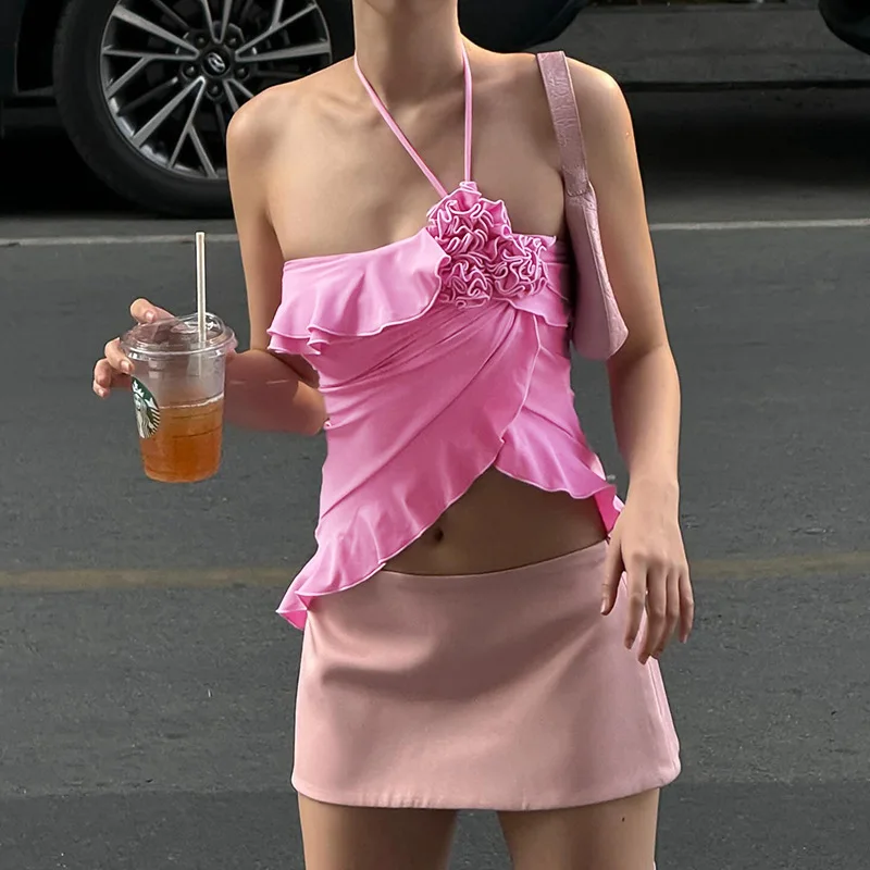 

Сексуальный розовый женский топ, бюстгальтер, платье для выпускного вечера, жилет с 3D цветами, без рукавов, с лямкой на шее, горячая девушка, на шнуровке, летнее вечернее платье, уличная одежда, Халат