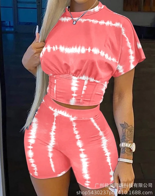 

Women Short Pants Outfit 2024 Summer Women's Casual Clothes Tie Dye Round Neck Short Sleeve Crop T-Shirt & High Waist Shorts Set