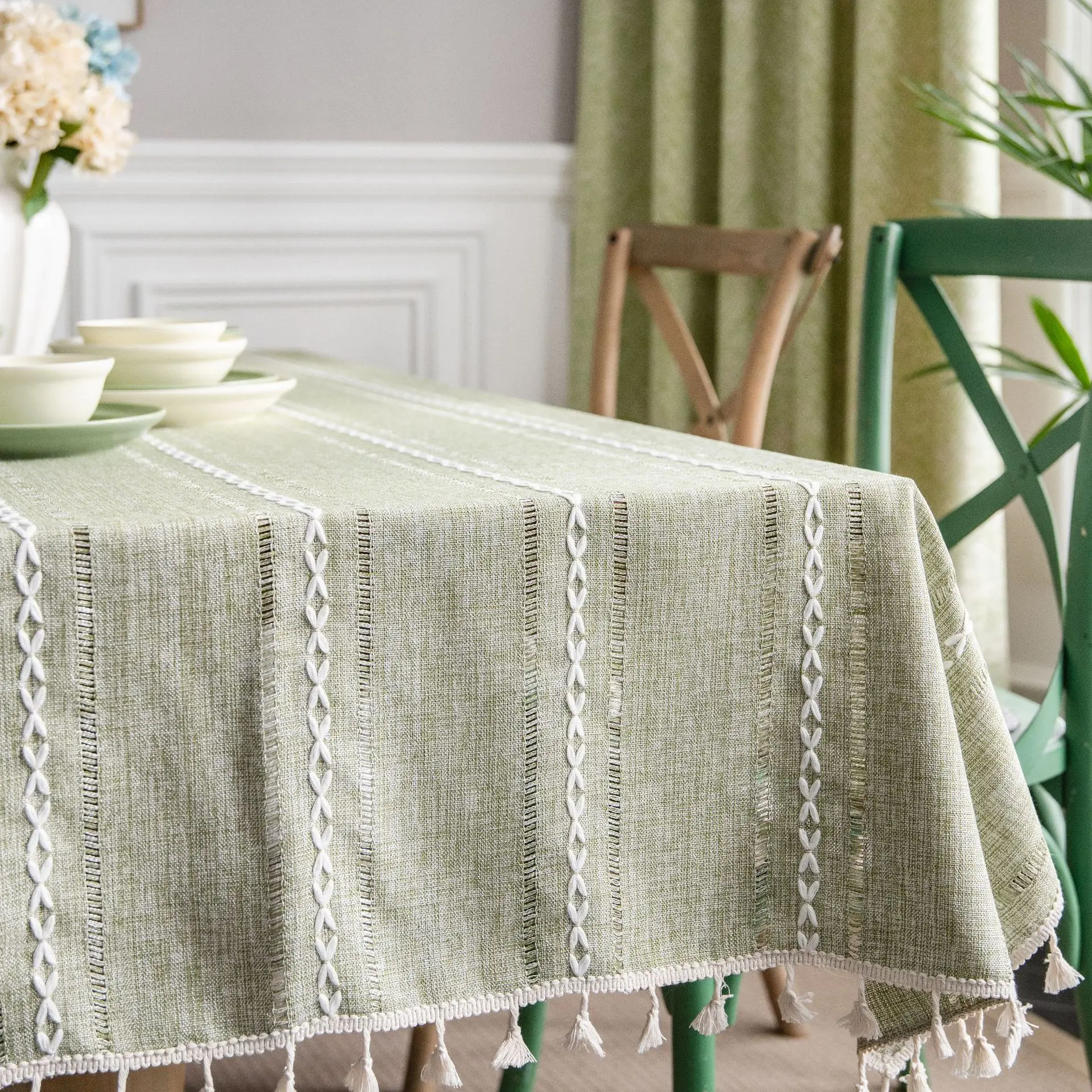 Cotton Linen Stripe Tassel Tablecloth Stain Resistant Dust-Proof Table Cover for Kitchen Dinning Tabletop Decoration Rectangular - Image 4