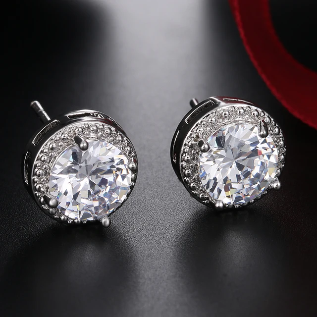 Boucles D'oreilles Clous Zircon Cubique 10 Mm - Argent 925 Plaqué Or, Unisexe, Pierre AAA, Coupe Brillante