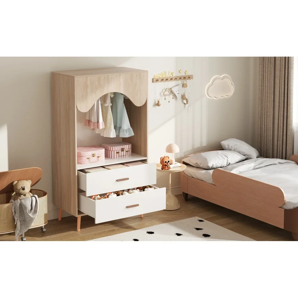 Kindergarderobe | Offenes Design mit Kleiderschrankstab und Schubladen, Vollholzgriffen, Spanplatte, Aufbewahrungsmöbel für Kinderzimmer – Detail 13