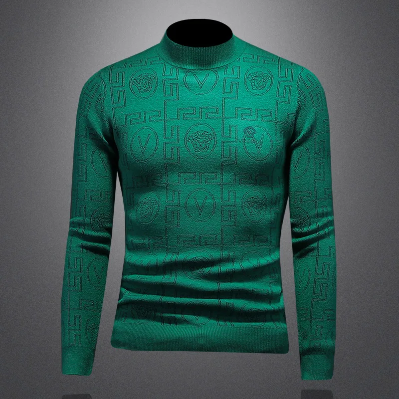 Spring and Autumn Round Neck Men's Pullover Personalized Woolen Sweater Fashion Thickened Mid Neck Slim Fit Knitted Shirt