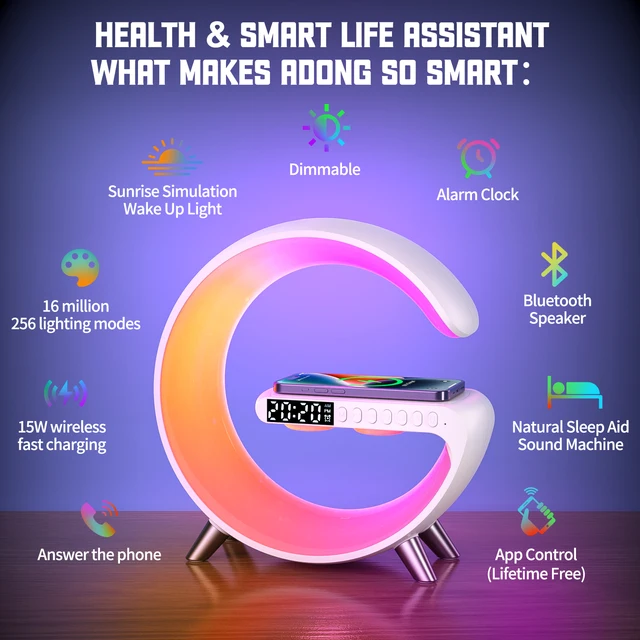 Led Alkalmazásvezérlés Rgb Éjszakai Könnyű Légköri Lámpák Digitális Ébresztőóra Hangszóró Vezeték Nélküli Töltő Gyermekek Alvó Hálószoba Dekoráció - Image 5