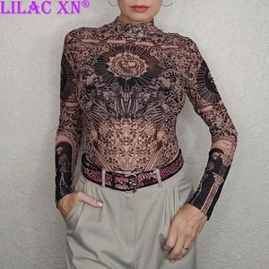 Gothic Print Naked See Through Bodycon Bodysuits Y2K Lace Mesh Long Sleeve Slim  Jumpsuits Women Summer T-Shirts Tops Streetwear